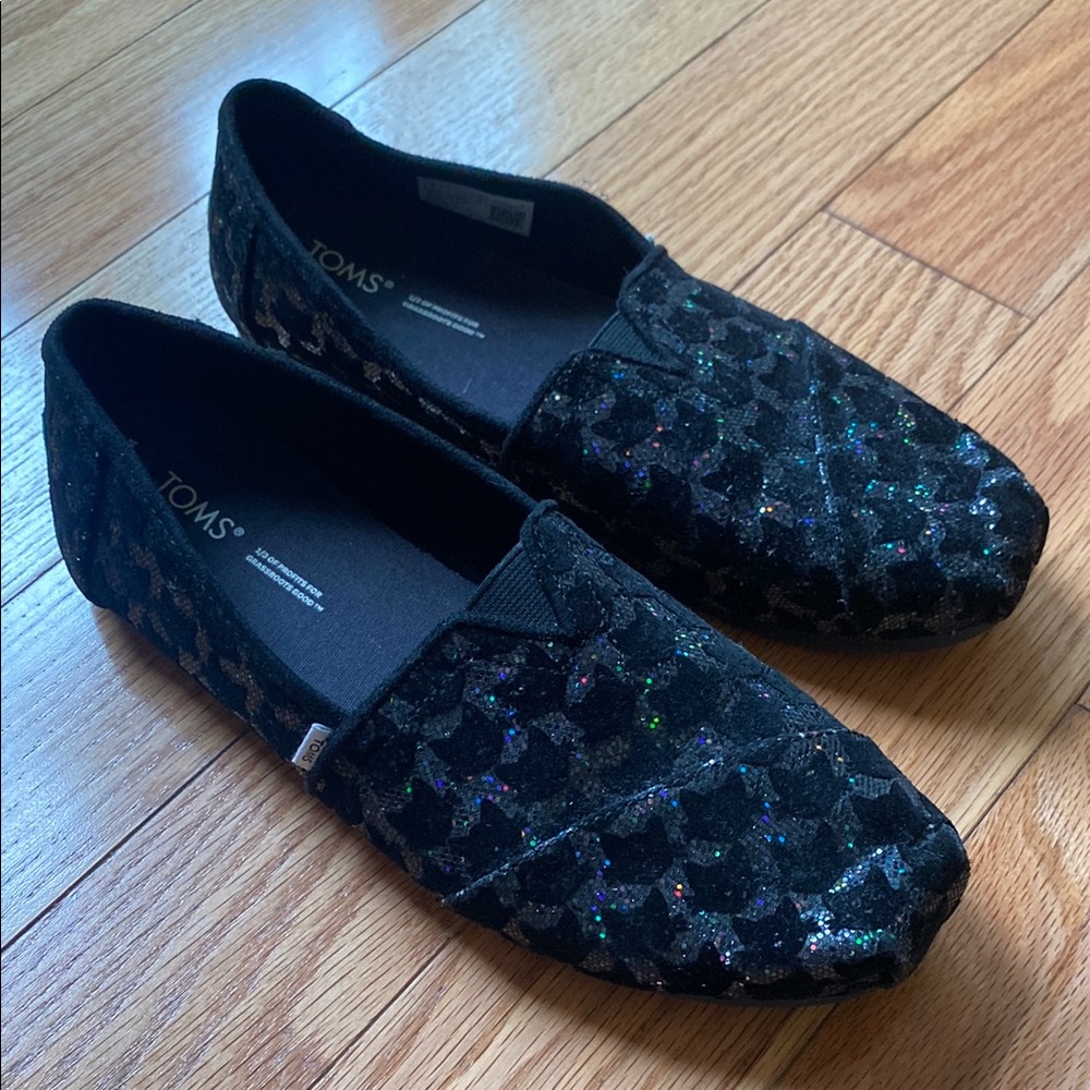 Toms Black Glitter CAT-Pattern Slip-Ons Alpargatas